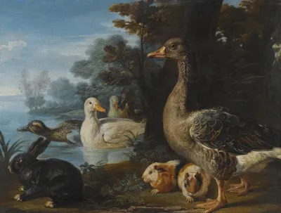 A Cockerel Hens Doves And A Parrot In A Formal Garden Setting