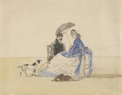 A Couple Seated On The Beach With Two Dogs