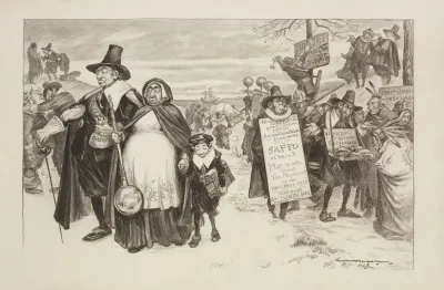 A Crowd Of People Dressed As Pilgrims Walk Inland With A Ship In The Background