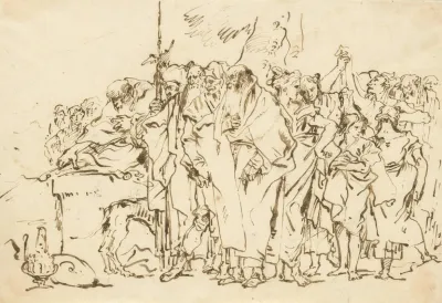 A Crowd Of Persons In Antique Roman Or Oriental Dress Gathering At A Pagan Altar