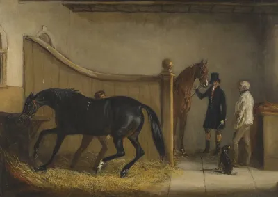 A Dark Bay And A Chestnut Hunter With A Huntsman And Other Figures In A Stable