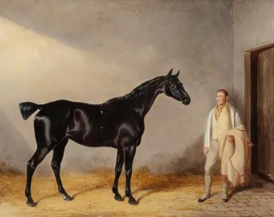A Dark Bay Hunter With A Groom In A Stable