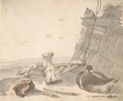 A Duck Sleeping Near A Broken Wheel In A Farmyard A Chicken Beyond