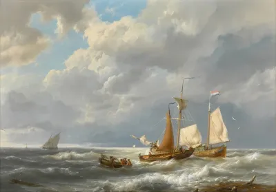 A Dutch Barge Offshore Amid Small Vessels In A Stiff Breeze