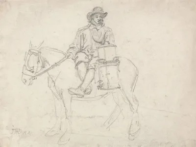 A Farmhand Riding Side Saddle Carrying An Urn