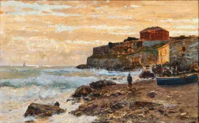 A Fishing Boat On The Beach At Sunset
