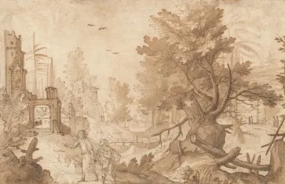 A Forest Landscape With Buildings And Tobias And The Angel