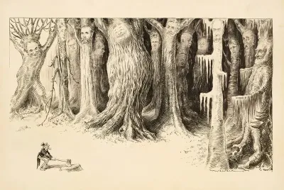 A Forrest Of Large Trees And Each Tree Has The Face Of A Different Man A Tiny Uncle Sam Approaches With An Ax Smiling