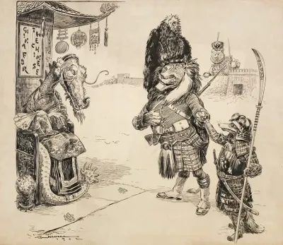 A Fox Japan Presents A Lion Great Britain To A Dragon China On A Throne