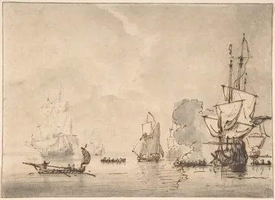 A Frigate At Anchor Saluting A Nearby Yacht