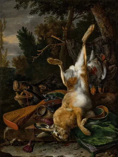 A Game Still Life With A Hung Hare A Boars Head And A Musket In A Landscape