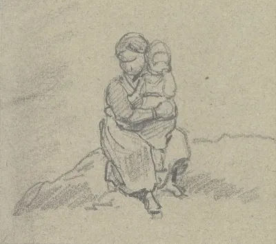 A Girl Holds A Child On Her Lap And Sits On A Small Slope The Child Has Brought Her Hand To Her Mouth