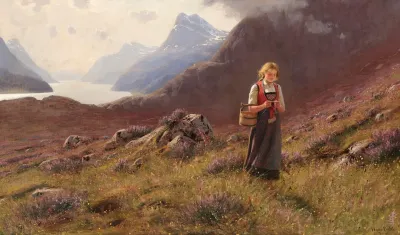 A Girl Knitting In A Norwegian Landscape