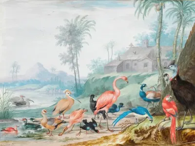 A Group Of Exotic Birds In A Landscape Beneath Palm Trees A Building And Mountains Beyond