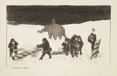 A Group Of Men Chop Up And Examine A Pole In The Snow Probably The North Pole
