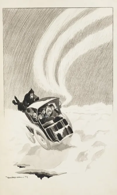 A Group Of Men Drive In A Car Through The Snow With The Northern Lights In The Background