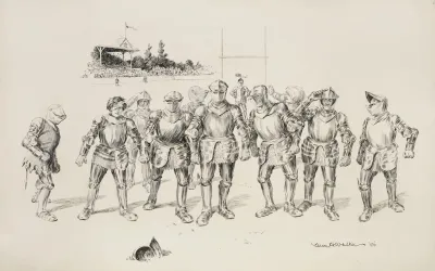 A Group Of Men In Medieval Armor At A Stadium All Looking At A Helmet On The Ground