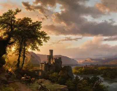 A Hilly Landscape With Castle And Travelers On A Path
