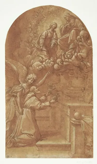 A Kneeling Franciscan Frands Of Assisi Supported By An Angel