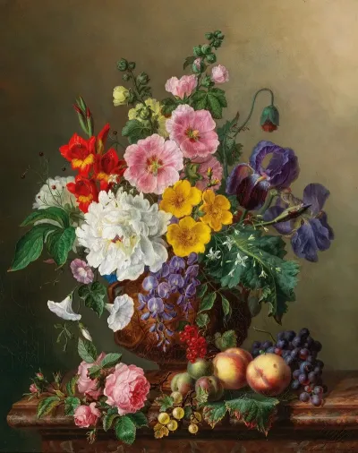 A Large Bouquet Of Flowers With Peaches And Grapes