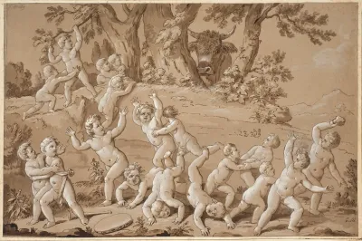A Large Group Of Putti Plunged Into Terror By The Arrival Of A Bull