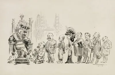 A Line Of Men In Suits And A Woman With A Paper Reading Votes For Women Wait For An Audience With A Man Dressed Like A King