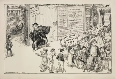 A Man Advertises A College Education In One Year Where Students Learn How To Get Rich And Has Attracted A Crowd Of Interested Boys
