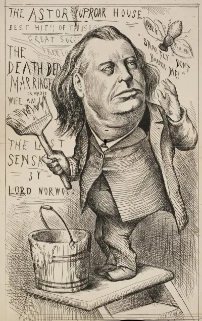 A Man Astor Puts Up Fliers For His Uproar House Shooing Away A Fly Representing Public Opinion