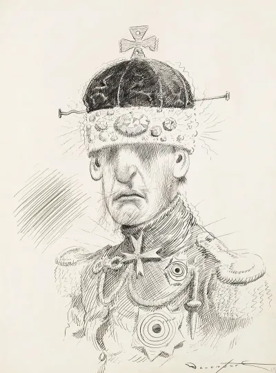 A Man In A Fancy Uniform With Lots Of Metals And A Crown Pulled Over His Eyes