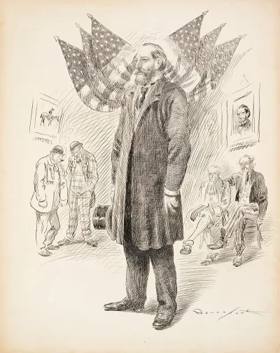A Man In A Suit Stands In The Center With American Flags Behind Him