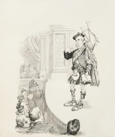 A Man In Full Scottish Garb With Bagpipes And A Book Performs On Stage