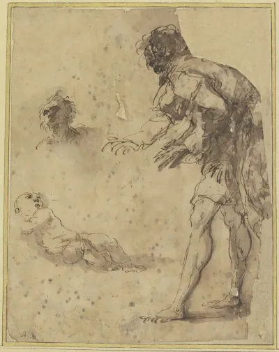 A Man Looks Down At An Infant Lying On The Ground Above There Is A Head Study