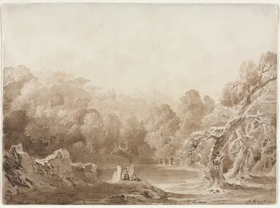 A Man Playing A Harp With Other Figures Beside A Lake