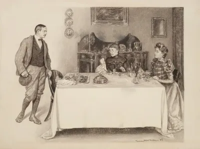 A Man Stands Behind His Chair At A Table Where An Older And Younger Woman Are Already Eating