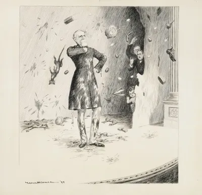 A Man Stands Proudly On Stage While The Audience Throws Eggs Cats And Food At Him