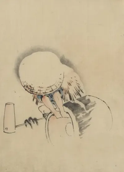A Man Wearing A Large Conical Hat And A Straw Or Feather Garment