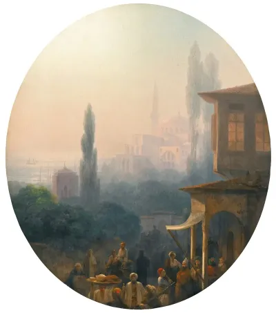 A Market Scene In Constantinople With The Hagia Sophia Beyond