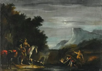 A Moonlit Scene With Travellers Crossing A Stream