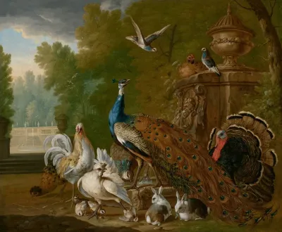 A Peacock Turkey Cockerel Hen Pigeons Other Birds And Rabbits In A Park Landscape