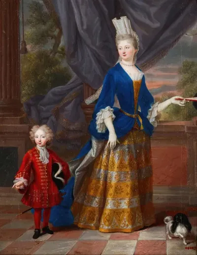 A Portrait Of An Elegant Lady Aged 25 Together With A Young Boy And A Spaniel