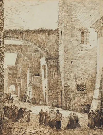 A Priest Processing Through A Medieval Street In Viterbo