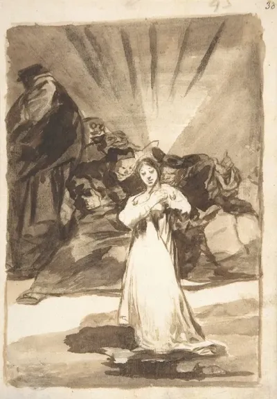 A Radiant Female Figure Beset By Dark Spirits