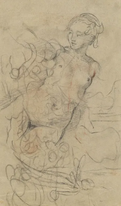 A Reclining Nude With Her Right Arm Raised Over A Swift Composition Study Verso