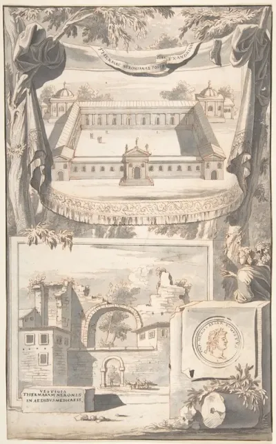 A Reconstruction Of The Thermae Of Nero Above And A View Of The Ruins Below