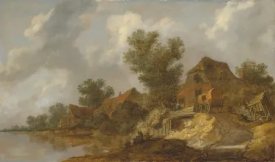 A River Landscape With A Ferry And Fisherfolk A Carriage On A Bridge Near Houses To The Right