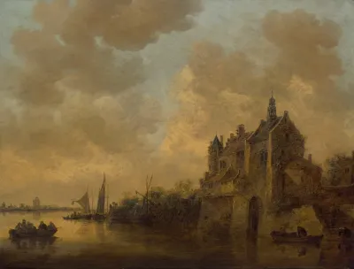 A River Landscape With A Manor House Rowing Boats And Other Vessels