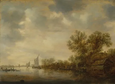 A River Landscape With Sailing Vessels Fishermens Boats And A Ferry With Peasants And Cattle