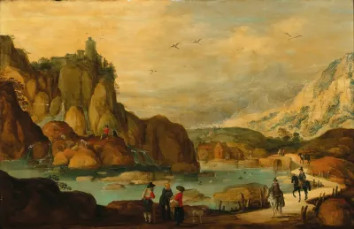 A Rocky Landscape With Travellers On Horseback Near A Stream