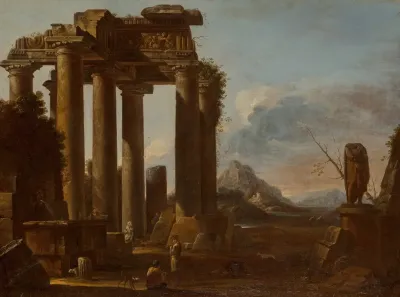A Ruined Classical Temple Of The Tuscan Order With Figures