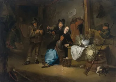 A Rustic Interior With A Seated Woman And Other Figures Making Merry